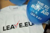 Branded merchandise is seen in the office of pro-Brexit group pressure group "Leave.eu" in London, Britain February 12, 2016. REUTERS/Neil Hall