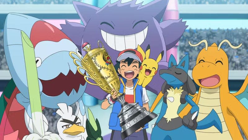 Ash Ketchum is seen holding a trophy with Pikachu on his shoulder. They're surrounded by Lucario, Dragonite, Gengar, Sirfetch'd, and Dracovish.