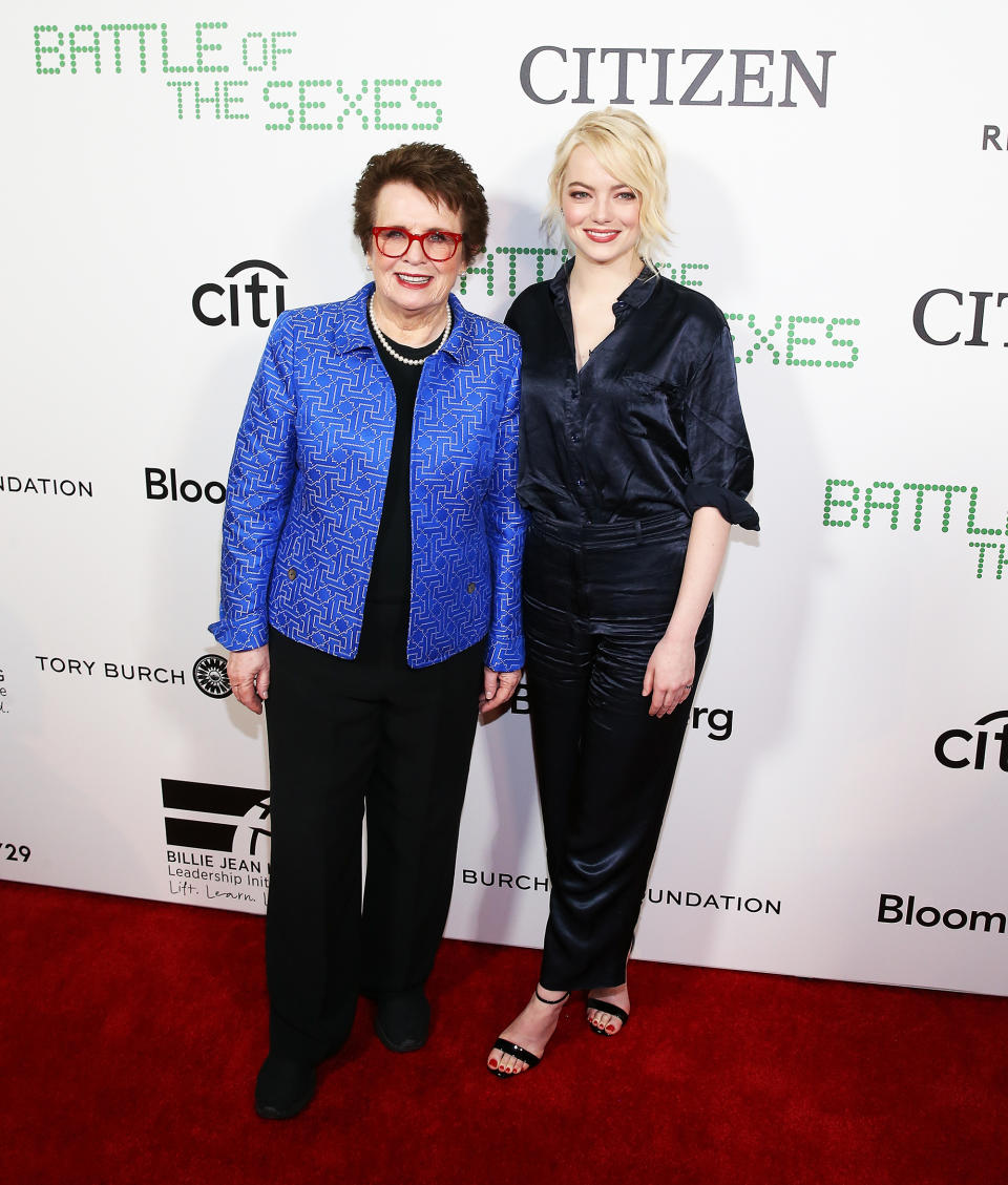 <p>Can’t you just hear Elton John’s “Philadelphia Freedom” playing in the background?<em> Battle of the Sexes</em> star Stone posed with Billie Jean King, the legend that she portrays in the new movie, at a New York screening. (Photo: Bennett Raglin/Getty Images) </p>