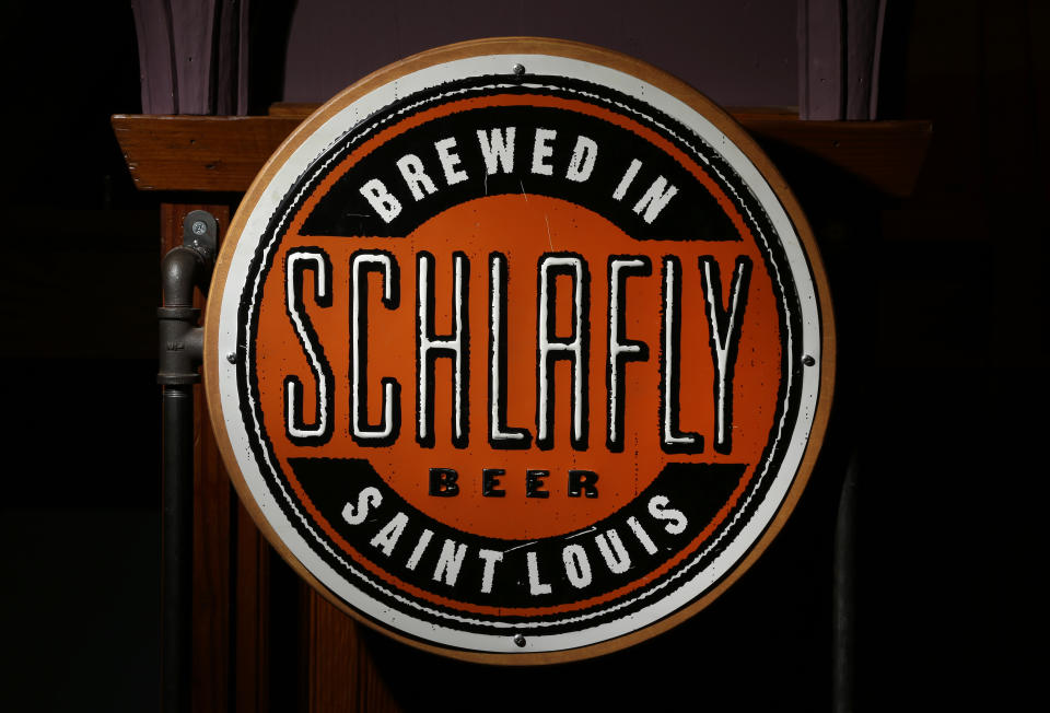 The logo seen on many bottles off beer produced by the brewery co-founded by Tom Schlafly is seen inside Schlafly Bottleworks on Wednesday, March 12, 2014, in Maplewood, Mo. Schlafly has been in a trademark dispute with his aunt, conservative activist Phyllis Schlafly, over whether Schlafly is primarily a last name or a commercial brand that deserves legal protection. (AP Photo/Jeff Roberson)