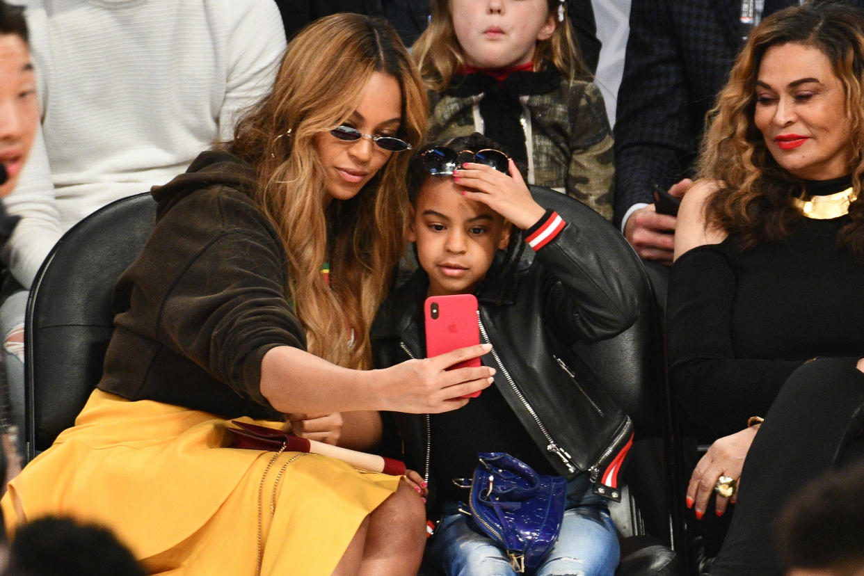 Beyonce and Blue Ivy Carter attend The 67th NBA All-Star Game: Team LeBron Vs. Team Stephen at Staples Center on February 18, 2018 in Los Angeles, California.  (Photo by Allen Berezovsky/Getty Images)