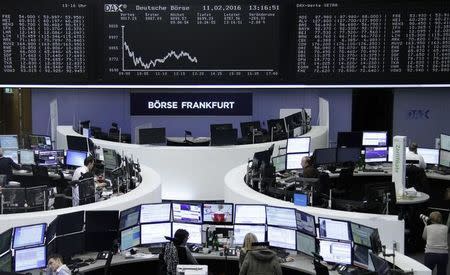 Traders work at their desks in front of the German share price index, DAX board, at the stock exchange in Frankfurt, Germany, February 11, 2016. REUTERS/Staff/Remote