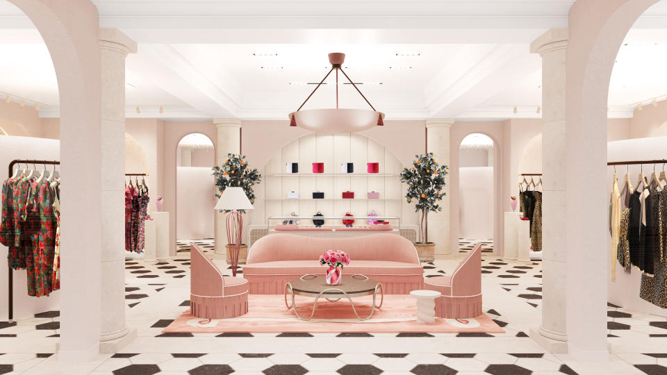 Carolina Herrera's new Palm Beach store  features graphic black and white limestone hexagonal floor and a warm interior. 