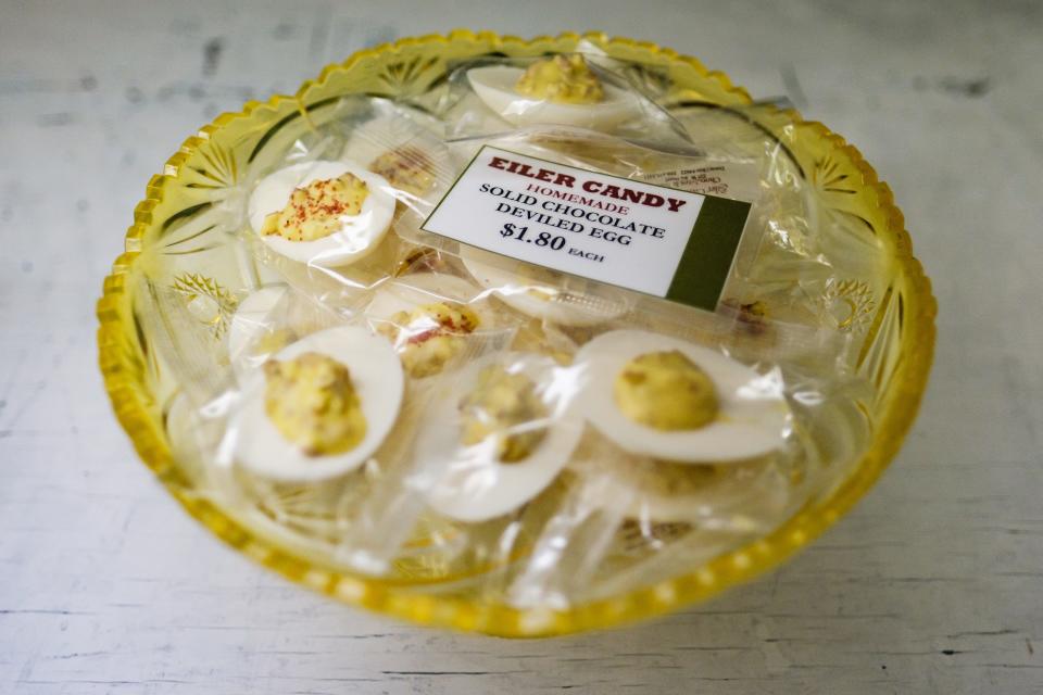 Homemade solid chocolate deviled eggs are among many rich choices of sweet offering at Eiler Candy Shop in Dover.