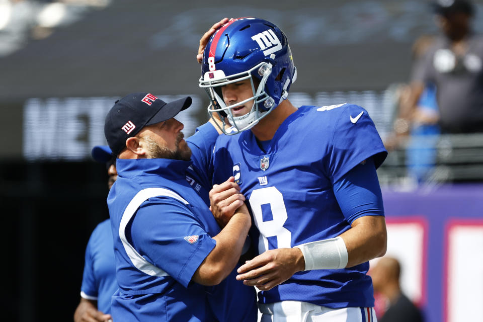 Giants coach Brian Daboll and quarterback Daniel Jones helped lead the team back to the playoffs last season. (Photo by Rich Schultz/Getty Images)