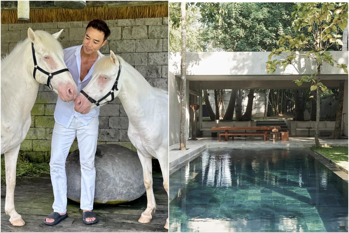 Actor-host Allan Wu (left) amid farm horses in his Bali wellness sanctuary project, Lodge in the Woods. (PHOTOS: Allan Wu/Lodge in the Woods)