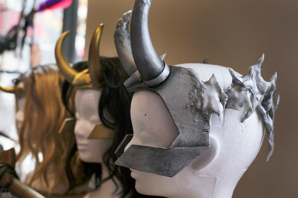 Skirvin artist in residence Petra Germany's recreated versions of headpieces from the Marvel series "Loki" are displayed in her studio space in the historic downtown Oklahoma City hotel.