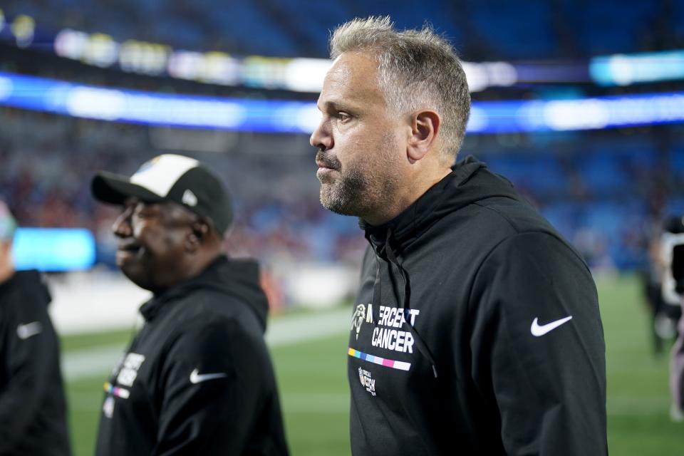 Carolina Panthers head coach Matt Rhule leaves the field after their loss against the San Francisco 49ers during an NFL football game on Sunday, Oct. 9, 2022, in Charlotte, N.C. (AP Photo/Jacob Kupferman)