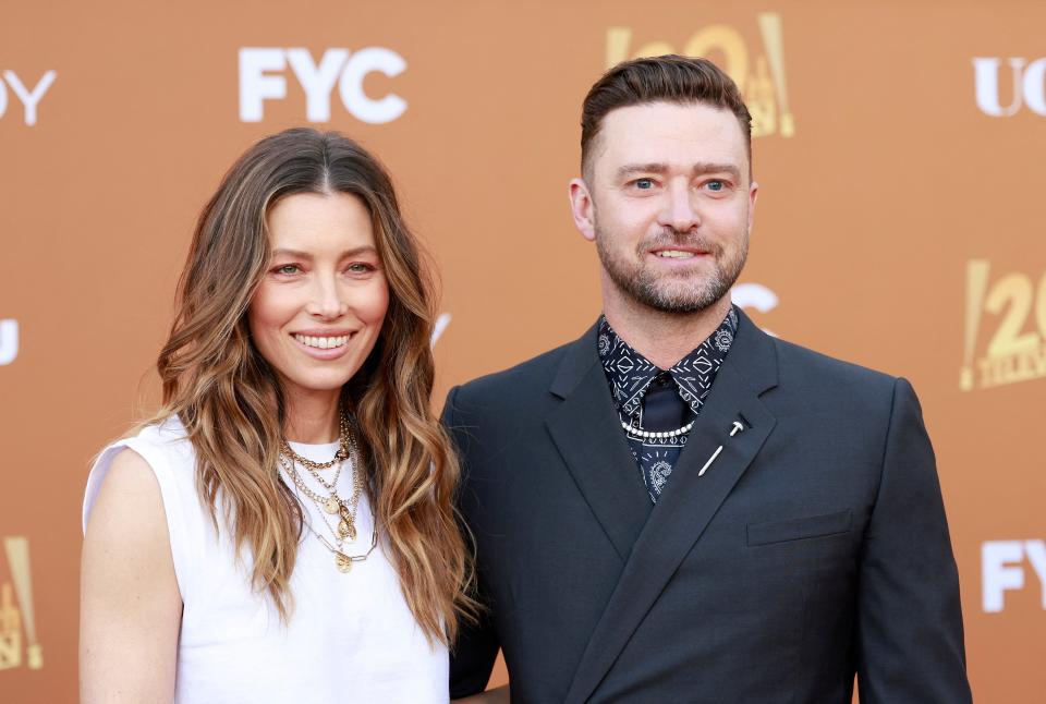 Jessica Biel and husband husband Justin Timberlake arrive for the Los Angeles FYC Premiere Event for Hulu's "Candy" at the EL Capitan Theater on May 9, 2022 in Los Angeles, California.