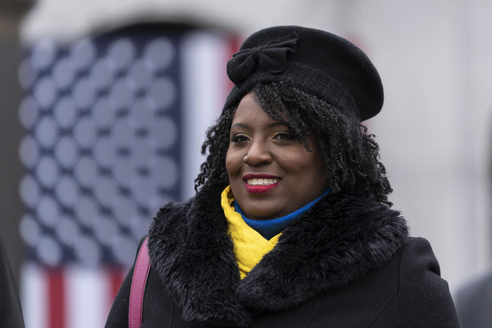 FILE - House Democratic Leader Joanna McClinton of Philadelphia arrives for Democratic Gov. Josh Shapiro's Inauguration, Tuesday, Jan. 17, 2023, at the state Capitol in Harrisburg, Pa. Six weeks after Pennsylvania state representatives elected a Democratic speaker and have not returned to session, the Republican leader on Wednesday, Feb. 15, 2023 warned of chaos when they reconvene next week. (AP Photo/Matt Rourke, File)