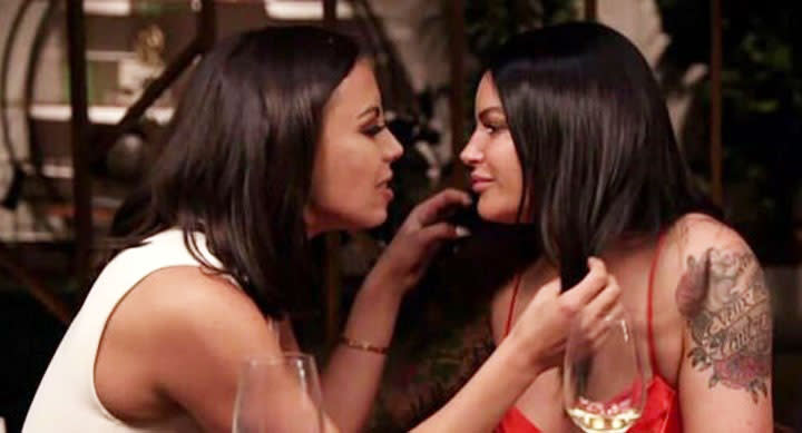 MAFS brides Natasha Spencer (left) and Tash Herz has an intimate conversation during the season's first dinner party in episode eight.