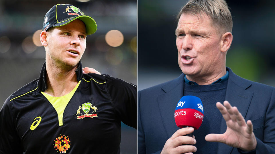 Pictured right, Shane Warne alongside a photo of Aussie batter Steve Smith.