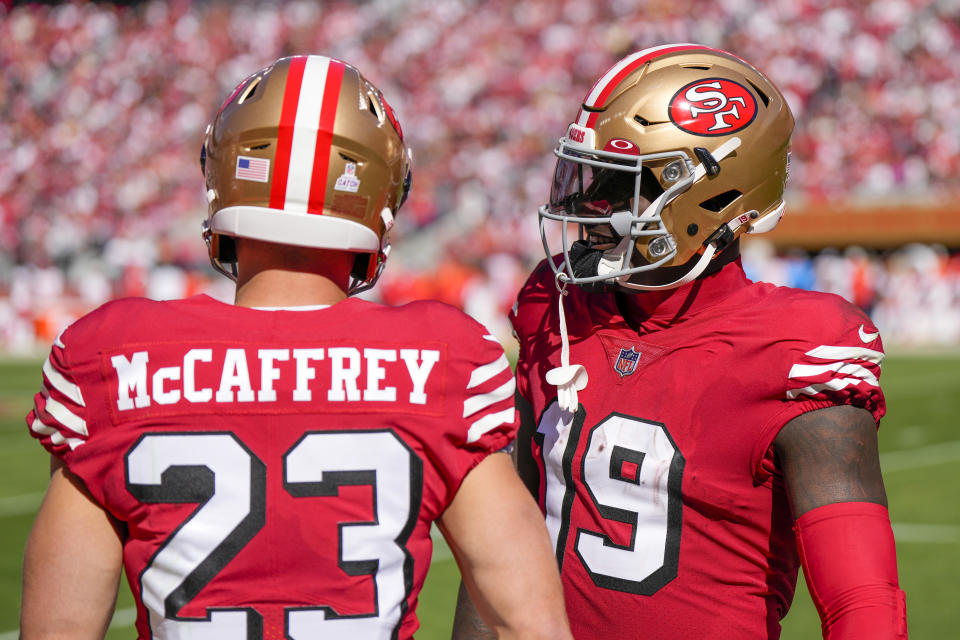 Yes, the San Francisco 49ers have lost two straight games by 14+ points. No, it shouldn't be cause for concern about their chances to win the NFC, especially with talent like Christian McCaffrey (23) and Deebo Samuel in the fold. (Photo by Thearon W. Henderson/Getty Images)