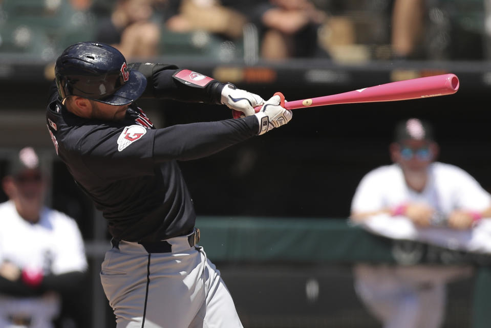Cleveland Guardians' David Fry hits a two-run home run during the fourth inning of a baseball game Sunday, May 12, 2024, in Chicago. (AP Photo/Melissa Tamez)
