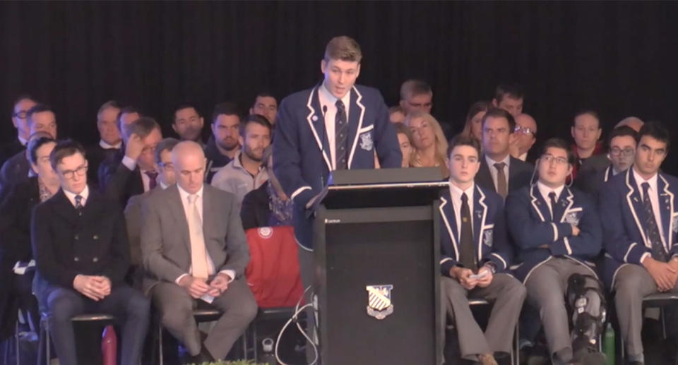 Finn Stannard stood in front his teachers and peers to tell them he was gay and let them know the importance of asking for help. Image: SBS News