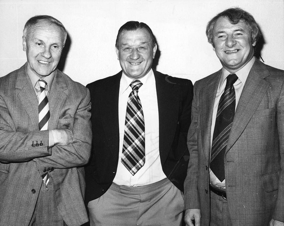 <p>Docherty (right) with Bill Shankly (left) and Bob Paisley in 1977</p>Getty