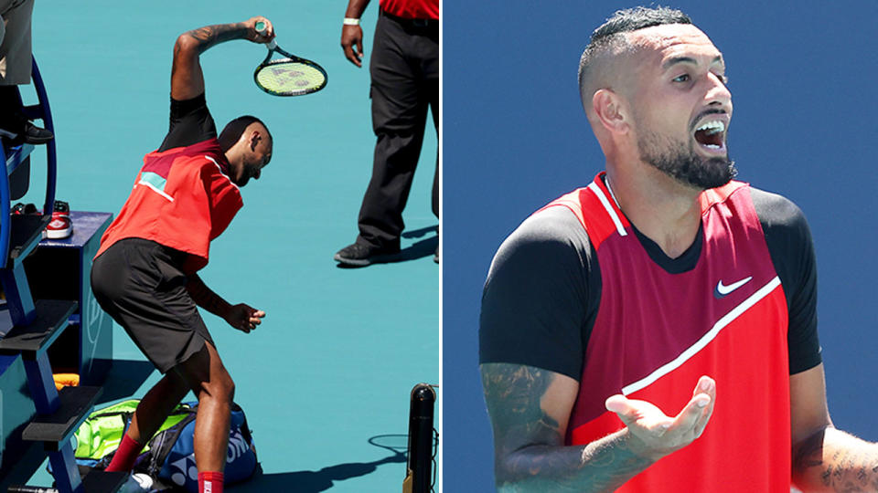 Calls are growing from the tennis world for Nick Kyrgios to be banned after his latest angry outburst in Miami. Pic: Getty