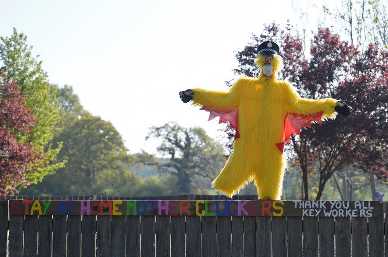 Scarecrows representing key workers lighten the daily lockdown walk, as the number of the coronavirus disease cases (COVID-19) grows around the world, in the village of Capel