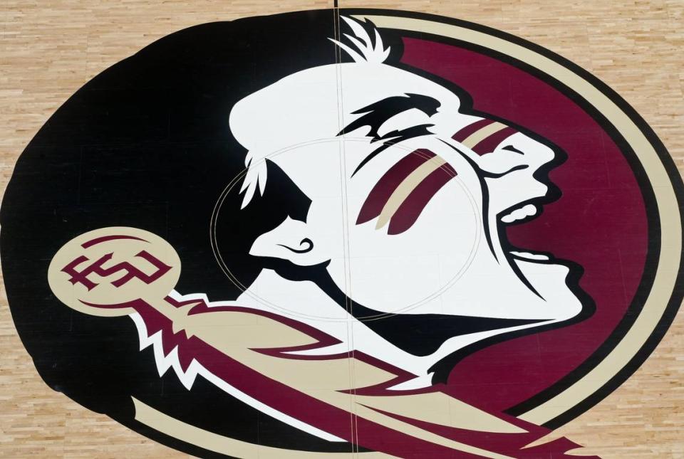 A general view of the Florida State Seminoles logo in the first half of their game against the Louisville Cardinals at the Tucker Center (Tallahassee).