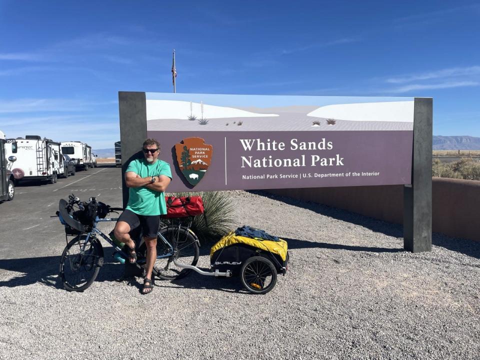 Scott Parkinson of Arizona commenced an over 18,000-mile bicycle tour of the country's National Parks in April 2021, stopping in New Mexico to visit White Sands National Park.