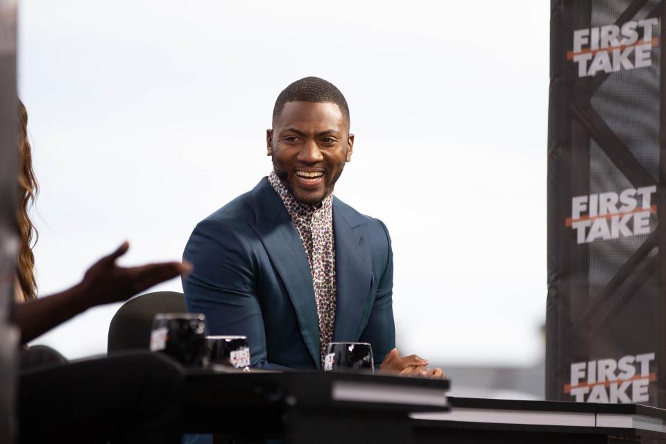 Former Pittsburgh Steelers safety Ryan Clark laughs during a live taping of ESPN's "First Take" at Florida A&M University's new Will Packer Performing Arts Amphitheater as part of the school's homecoming festivities Friday, Oct. 29, 2021.