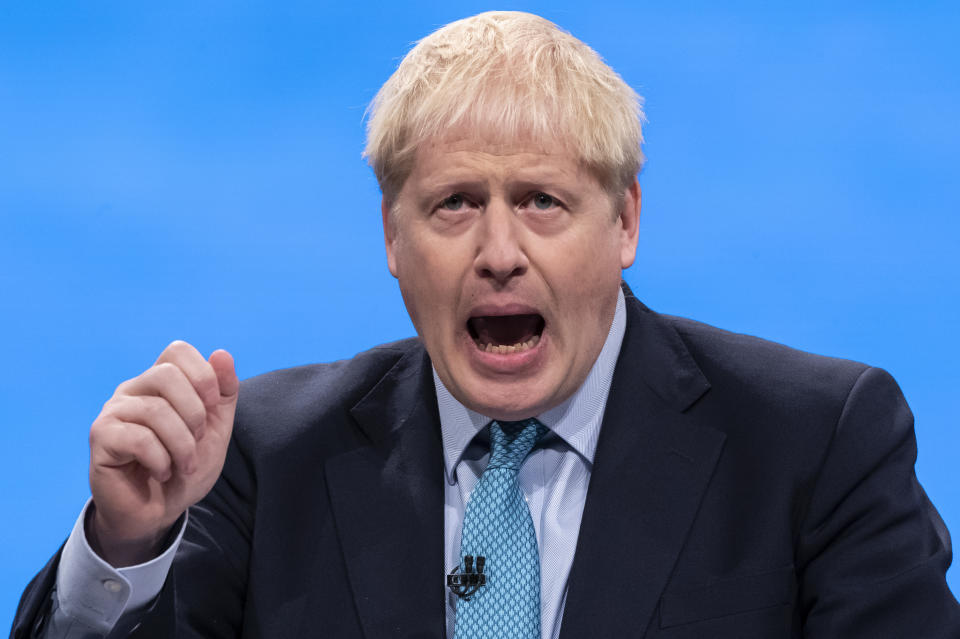 Prime Minister Boris Johnson delivering his speech at the Conservative Party Conference at the Manchester Convention Centre.