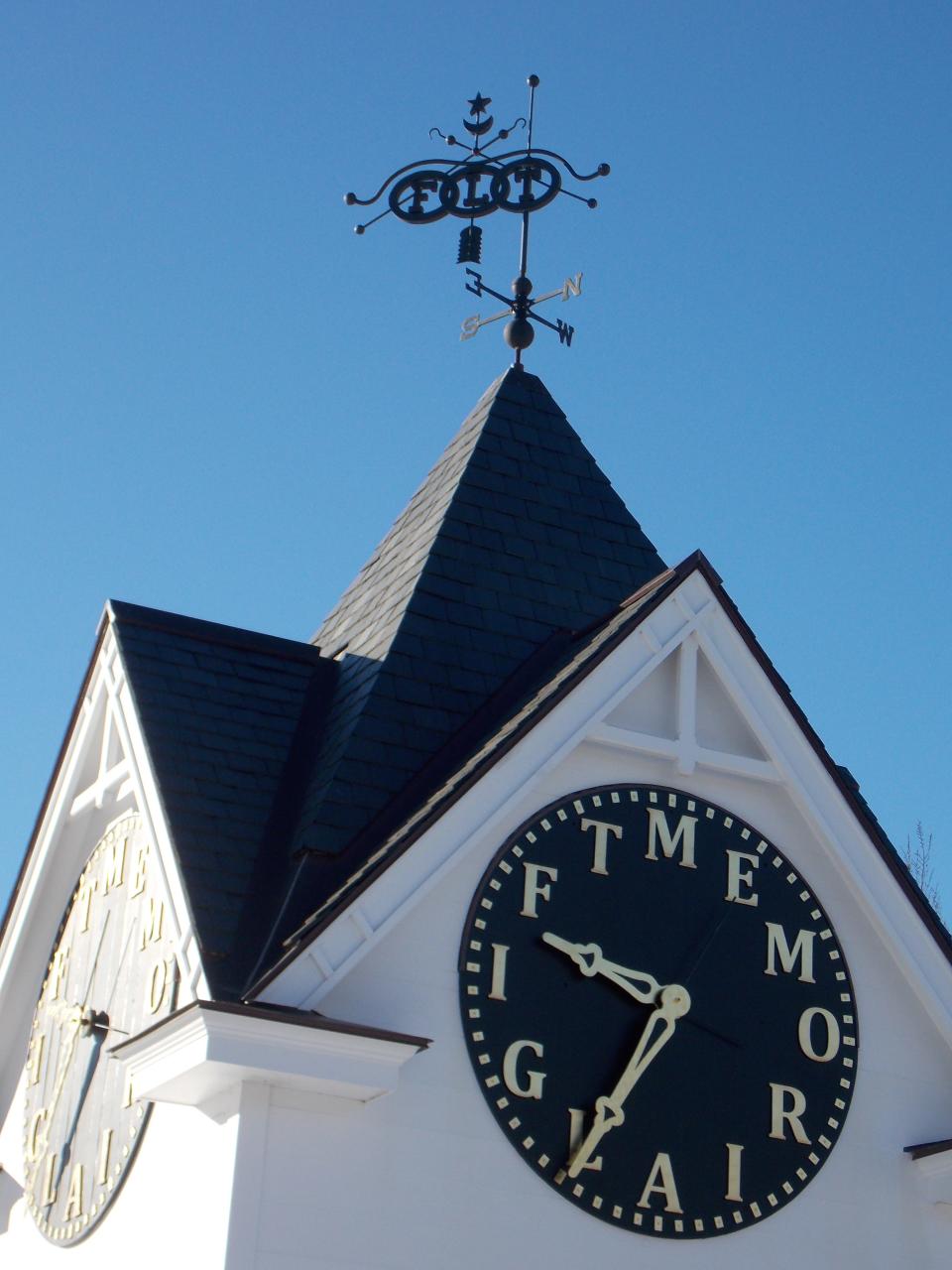 The weathervane on the restored town clock- a replica of Odd Fellows weathervane- on Winnacunnet Road. This new weathervane was built and donated by Skip Heal of Northeast Lanterns in Exeter.