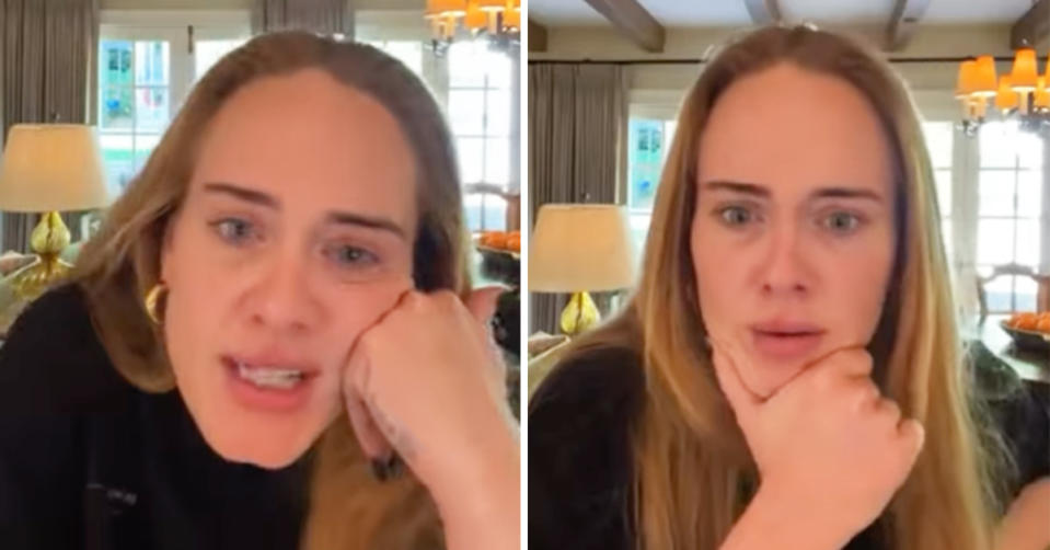 Singer Adele wearing a black t-shirt while doing an Instagram Live. Photo: Instagram/adele.
