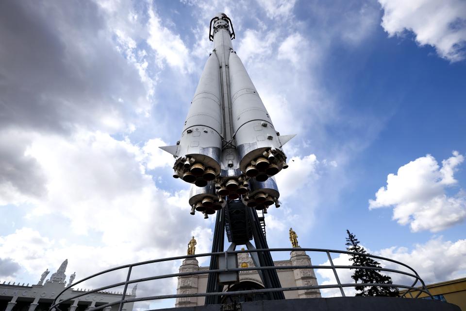 A Vostok rocket similar to the one that carried Yuri Gagarin on his flight to space is displayed in Moscow, Russia, Friday, April 9, 2021. Soviet cosmonaut Yuri Gagarin became the first human in space 60 years ago. The successful one-orbit flight on April 12, 1961 made the 27-year-old Gagarin a national hero and cemented Soviet supremacy in space until the United States put a man on the moon more than eight years later. (AP Photo/Alexander Zemlianichenko)