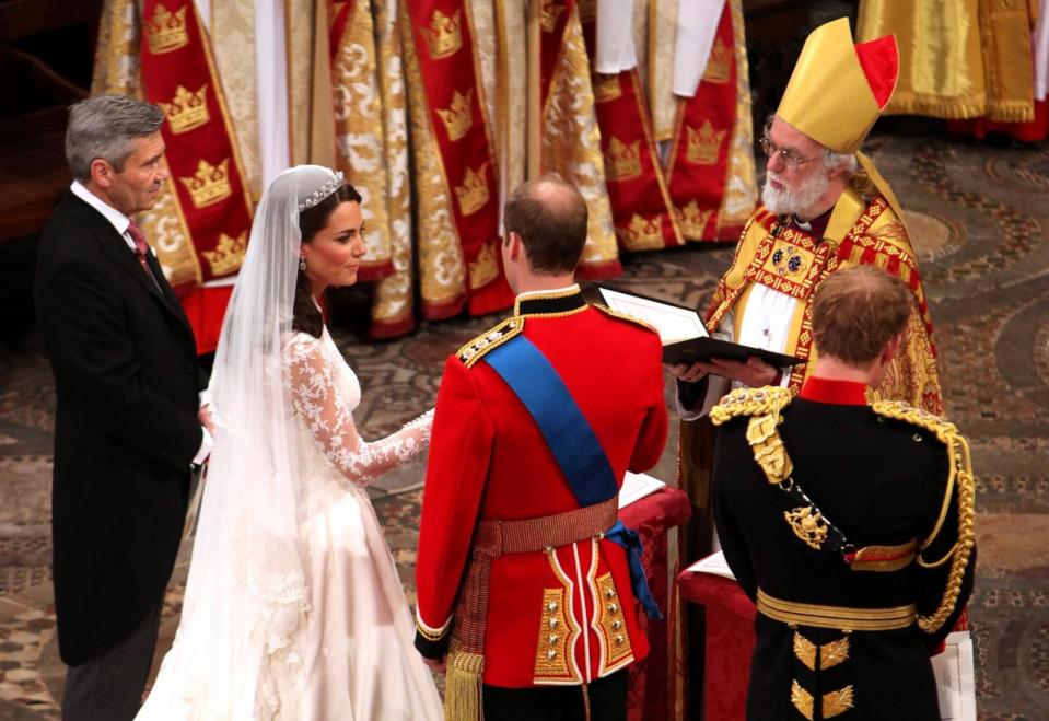 PHOTO: Prince William and Catherine Middleton are seen at the altar with Archbishop of Canterbury Rowan Williams, Prince Harry, and father of the bride Michael Middleton at Westminster Abbey in London, England, April 29, 2011. (Clara Molden/WPA Pool/Getty Images)