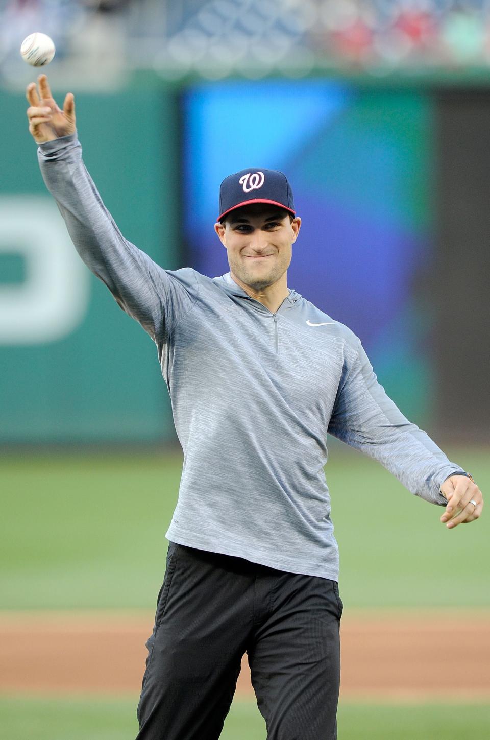 WASHINGTON, DC - MAY 14: Kirk Cousins of the Washington Redskins throws out the first pitch before the game between the Washington Nationals and the Miami Marlins at Nationals Park on May 14, 2016 in Washington, DC.  (Photo by Greg Fiume/Getty Images)