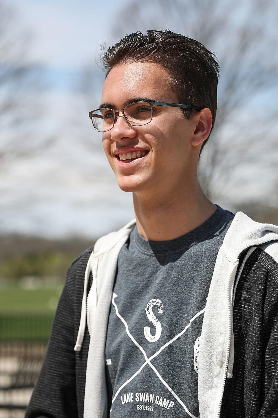 Jared Smith, a freshman at Taylor University in Upland, Ind., poses for a picture on campus, Monday, April 22, 2019. Since the announcement that Vice President Mike Pence will speak at commencement in May, students, faculty, alumni and surrounding residents have publicly responded with strong mixed opinions. Smith wished there had been better communication from the university before the decision and announcement. "I think most students would like to see the administration show more thoughtfulness and actually have dialogue with students and faculty," Smith said.