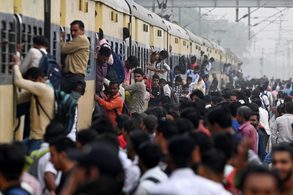 April 24, 2023: Commuters travel in an overcrowded train near a railway station at Loni town in India's state of Uttar Pradesh. - India is set to overtake China as the world's most populous country by the end of June, UN estimates showed on April 19, posing huge challenges to a nation with creaking infrastructure and insufficient jobs for millions of young people.