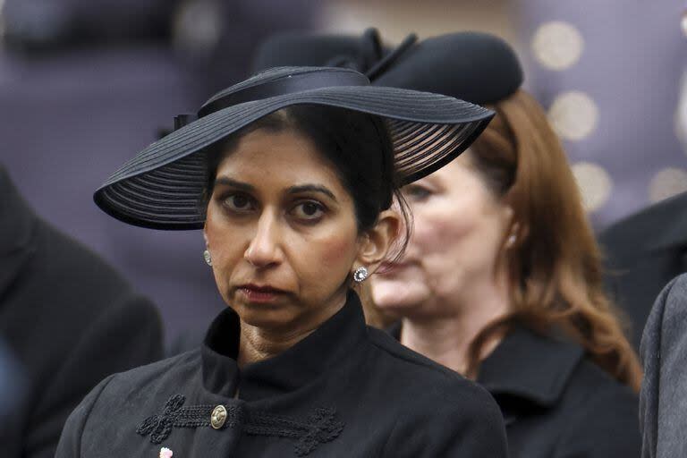 British Home Secretary Suella Braverman attends the annual Remembrance Sunday ceremony at the Cenotaph in London, Sunday, Nov. 12, 2023. Every year, members of the British Royal family join politicians, veterans and members of the public to remember those who have died in combat. (Toby Melville/Pool Photo via AP)