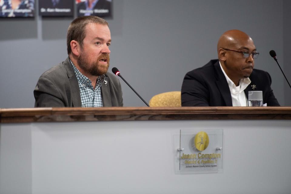 School Board member Jason Compton speaks during a Jackson-Madison County School Board meeting in Jackson, Tennessee, on Tuesday, July 25, 2023.