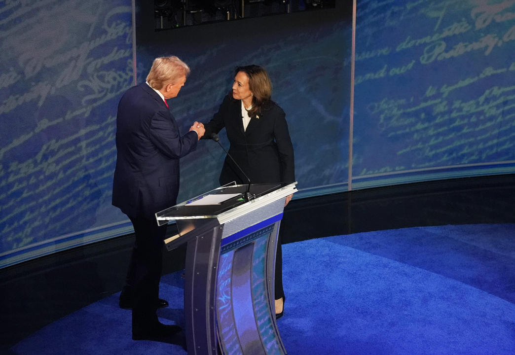 PHILADELPHIA, PA  September 10: Vice President and Democratic presidential candidate Kamala Harris and former President and Republican presidential candidate Donald Trump shake hands ahead of the  presidential debate at National Constitution Center in Philadelphia, PA on Tuesday, Sept. 10, 2024. ABC News hosted the first presidential debate between Vice President and Democratic presidential candidate Kamala Harris and Trump during the 2024 general election. 
(Photo by Demetrius Freeman/The Washington Post via Getty Images)