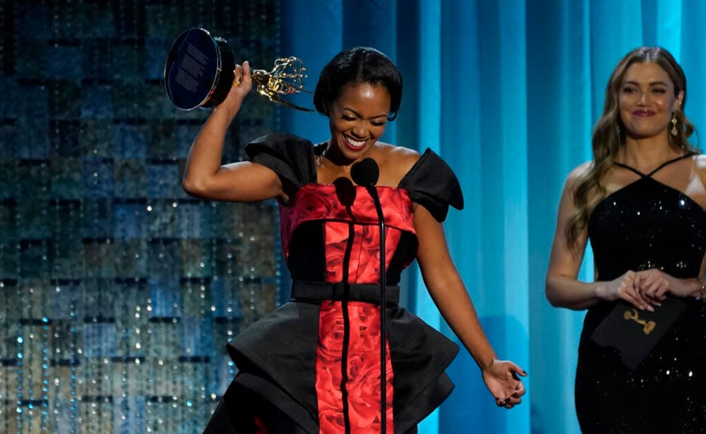 Mishael Morgan accepts the award for outstanding performance by a lead actress in a drama series for her role in “The Young and the Restless” at the 49th annual Daytime Emmy Awards on Friday, June 24, 2022, in Pasadena, Calif. (AP Photo/Chris Pizzello)