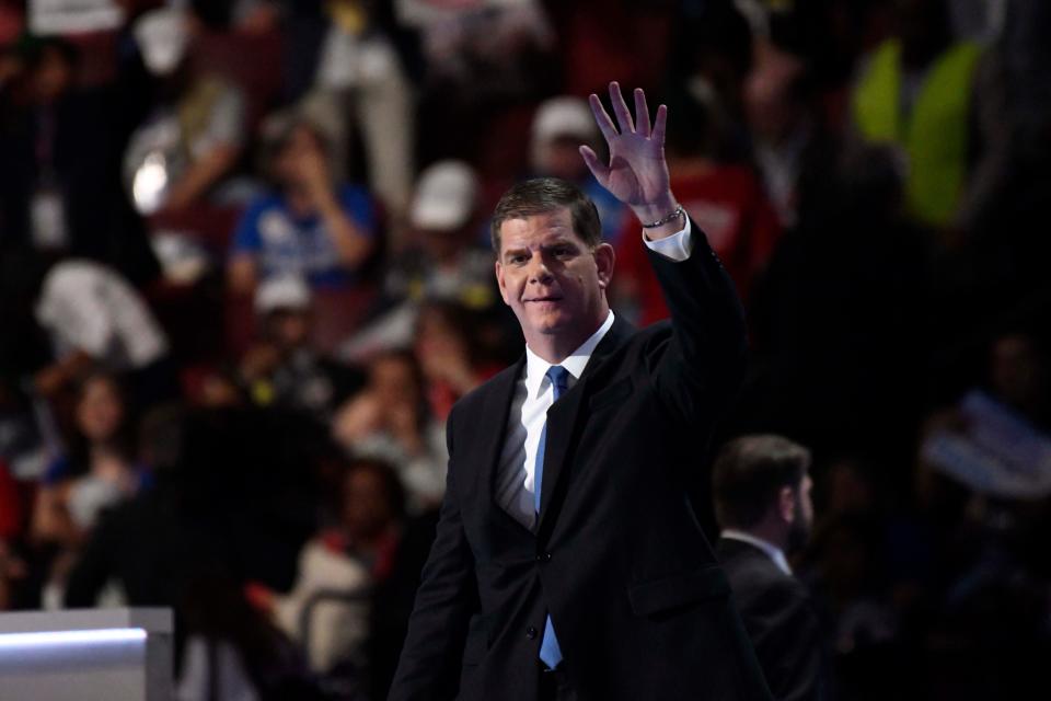 Jul 25, 2016; Philadelphia, PA, USA; Boston mayor Marty Walsh walks to the stage before speaking during the 2016 Democratic National Convention at Wells Fargo Arena. Mandatory Credit: Robert Hanashiro-USA TODAY NETWORK