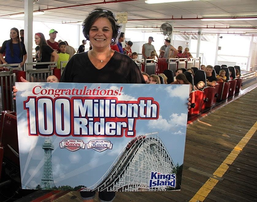 A Tennessee woman on Friday scored the 100 millionth ride on the Racer roller coaster at Kings Island.