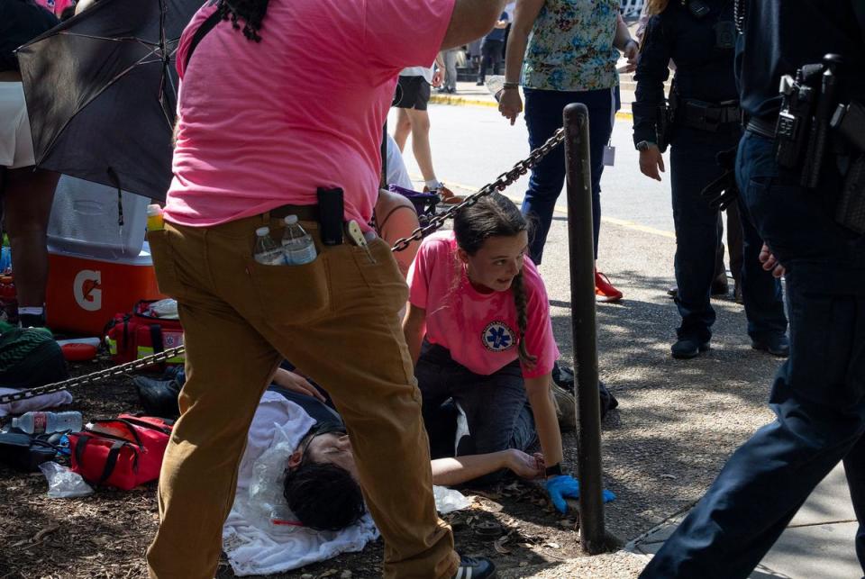 Medics treat protestors suffering from heat exhaustion at a pro-Palestinian encampment on the University of Texas at Austin campus on Monday, April 29, 2024