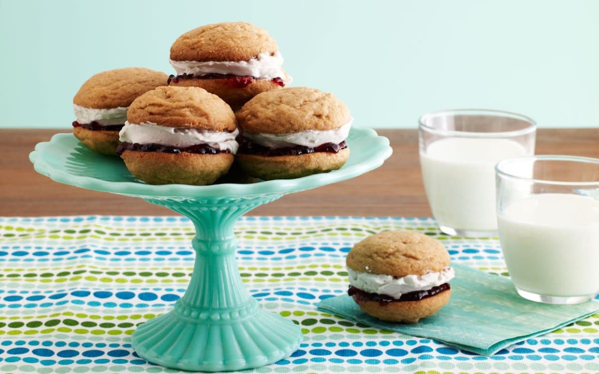 <p>Parade</p><p><strong>Get the recipe: <a href="/150322/dash/treat-yourself-try-peanut-butter-and-jelly-whoopie-pies/" data-ylk="slk:Peanut Butter and Jelly Whoopie Pies;elm:context_link;itc:0;sec:content-canvas" class="link rapid-noclick-resp">Peanut Butter and Jelly Whoopie Pies</a></strong></p>