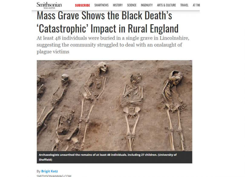 英現14世紀「黑死病」亂葬崗 埋48名成人孩童遺骸。（圖／Smithsonian Magazine）