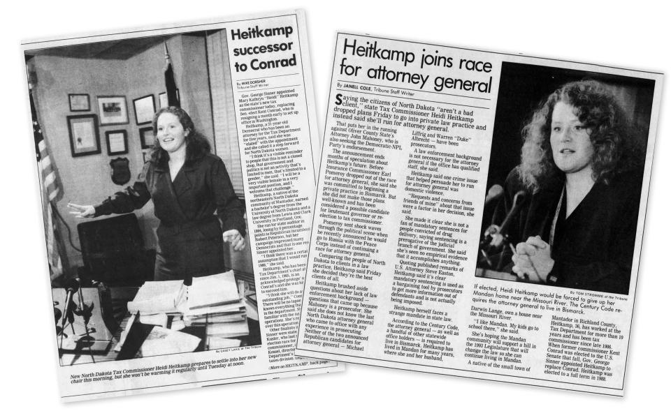 Newspaper clippings featuring Heidi Heitkamp from 1986 and 1992 issues of the Bismark Tribune.