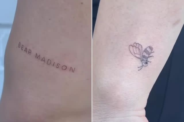 <p>Shawn Johnson/Instagram</p> Shawn Johnson's Bear Madison tattoo and honeybee tattoo