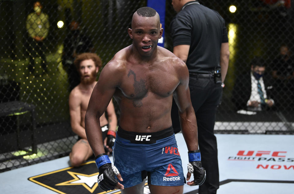 LAS VEGAS, NEVADA - JUNE 27: Khama Worthy celebrates after his submission victory over Luis Pena in their lightweight fight during the UFC Fight Night event at UFC APEX on June 27, 2020 in Las Vegas, Nevada. (Photo by Chris Unger/Zuffa LLC)