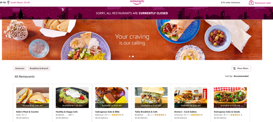 Amazon Restaurants landing page on its final day of operations.