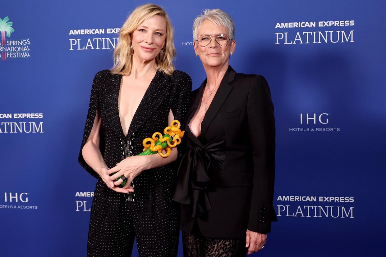 Cate Blanchett, winner of the Desert Palm Achievement Award, and Jamie Lee Curtis pose backstage during the 34th Annual Palm Springs International Film Awards