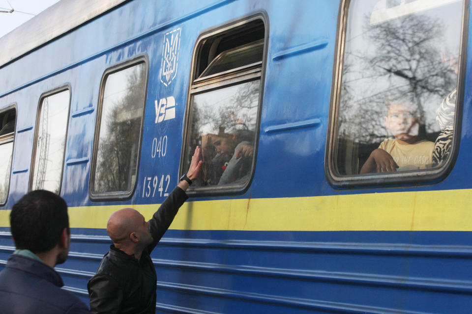 Ukrainians refugees board the train to Przemysl (Poland), amid Russian invasion of Ukraine, in Odesa, Ukraine 25 April 2022. / Credit: STR/NurPhoto via Getty Images