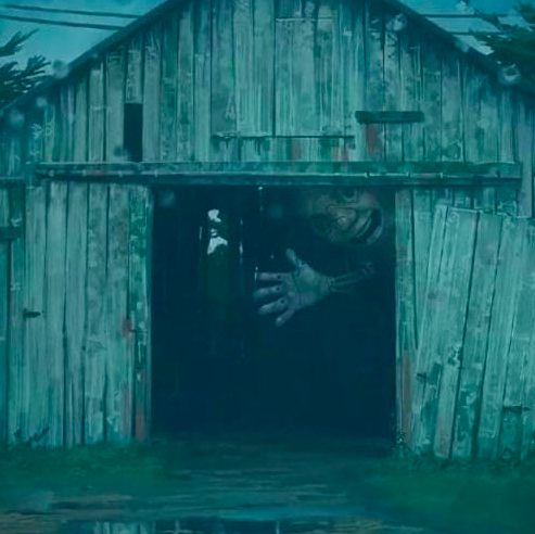 An old barn with the door open and a large mannequin taller than the door peering out with its hand up