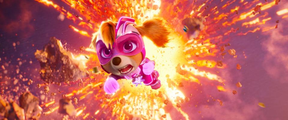 Skye (voiced by Mckenna Grace) takes to the air and packs a superpowered punch in "Paw Patrol: The Mighty Movie."